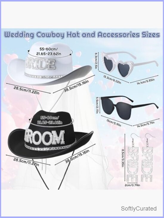 Bride and Groom Rhinestone Cowboy Hat Set with Veil, Earrings & Sunglasses for